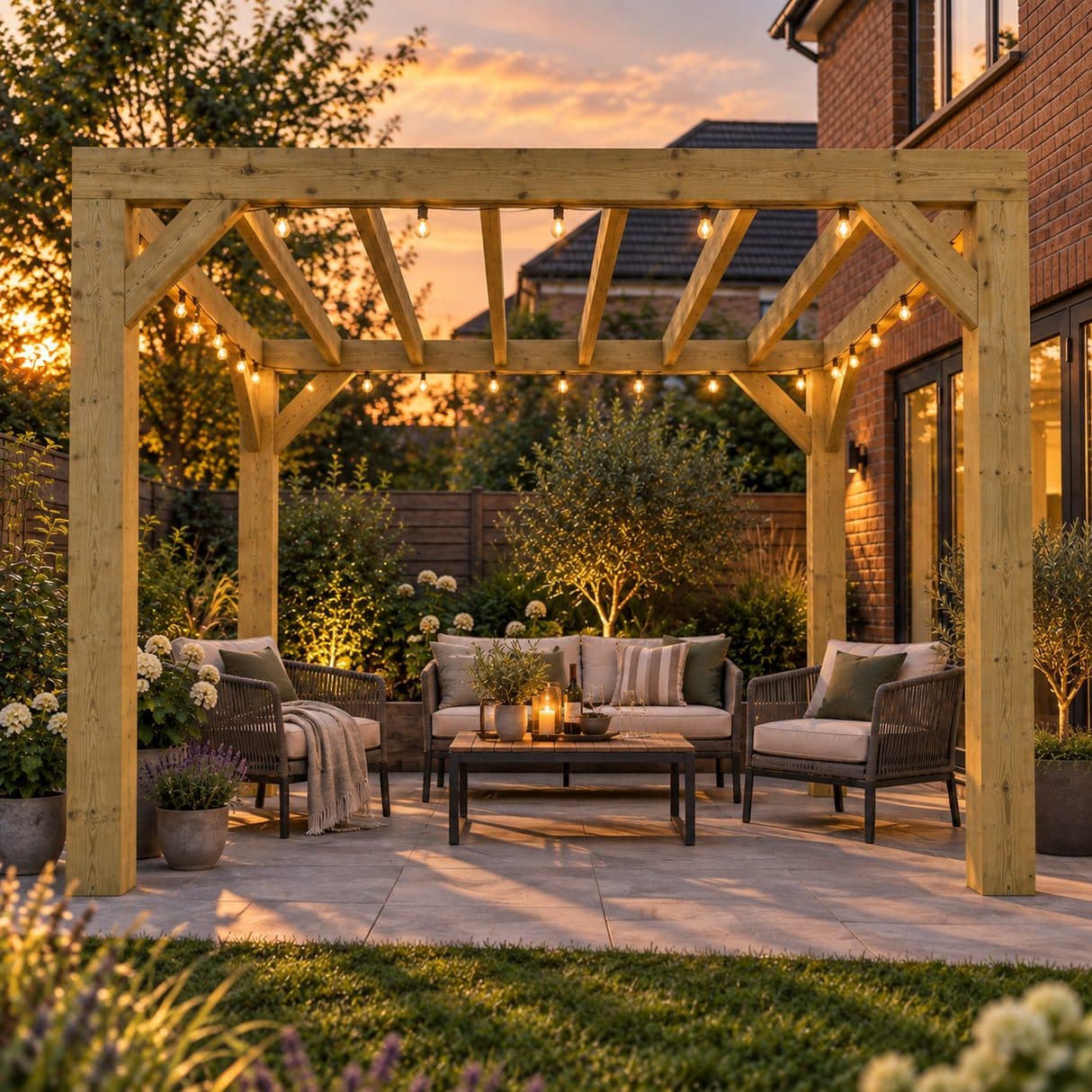 Wooden pergola with string lights over a furnished patio at sunset