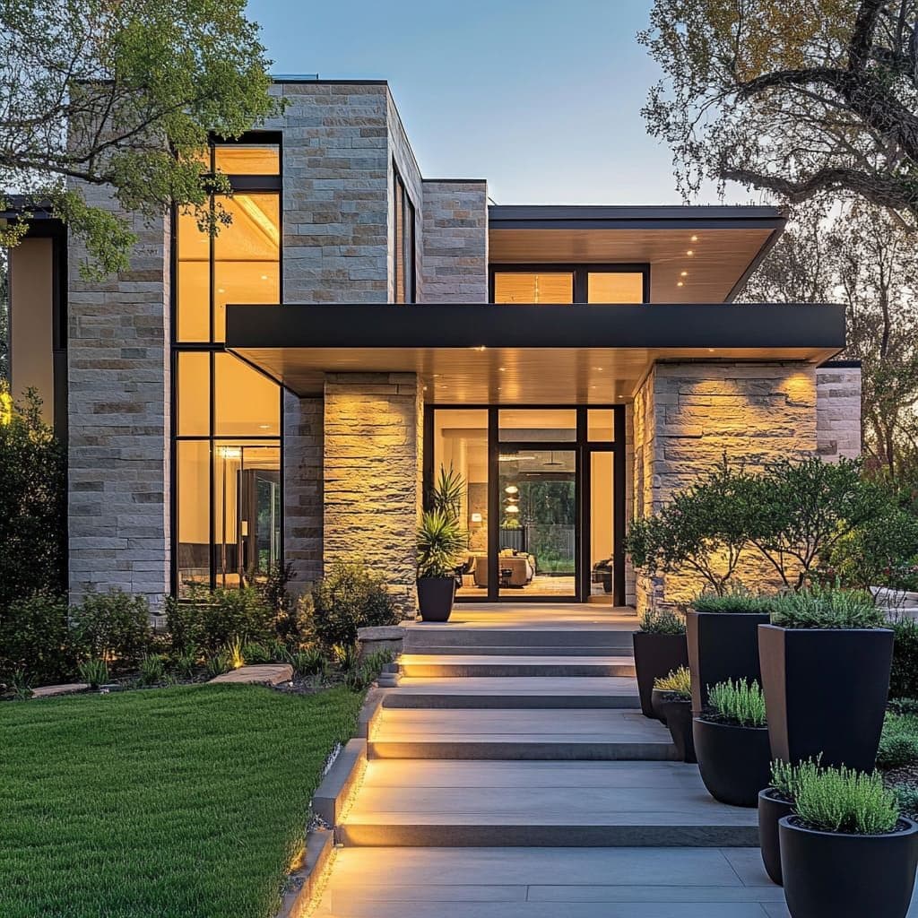 Frame from an AI video ad showing a modern home glowing at dusk