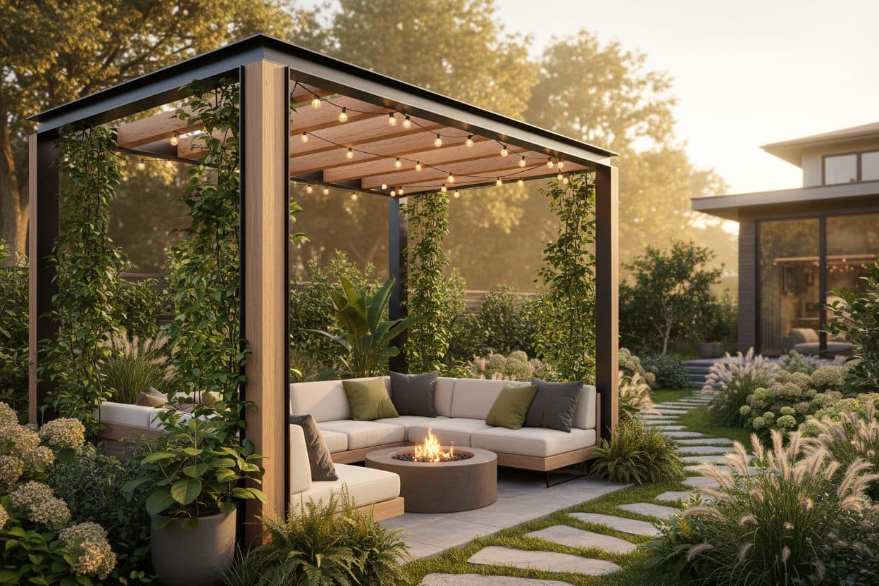 Frame from an AI social video showing a pergola and fire pit at golden hour
